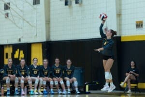 Volleyball player jumping to serve with teammates watching in the background during a game practice session.