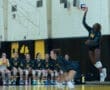 Volleyball player serves in a competitive match, teammates focused on gameplay in the background.