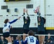 Volleyball match action: players jump at the net while a teammate spikes the ball during a competitive game.