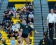 Volleyball player prepares to serve during a match, with a focused crowd in the background.