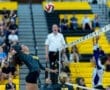 Female volleyball player jumps to spike the ball over the net during an intense match with spectators in the background.
