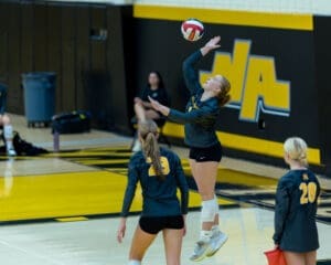Volleyball player serves the ball during practice, with teammates observing in a gym with a black and yellow theme.