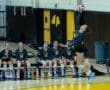 A volleyball player jumps to spike the ball while teammates cheer from the bench in a gymnasium.