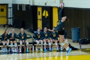 A volleyball player jumps to spike the ball while teammates cheer from the bench in a gymnasium.