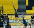 Volleyball player jumps to spike the ball during a game, with teammates and coaches visible in the background.