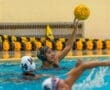 A water polo player in a black cap throws a ball amidst teammates in a swimming pool. Sprays of water surround them.