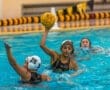 A water polo player prepares to throw the ball during a match in a swimming pool, showcasing athletic skill and strategy.
