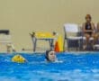 Water polo player swims and navigates a game in a pool, with teammates watching from the sidelines.