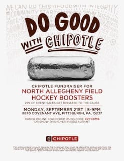 Chipotle fundraiser for North Allegheny Field Hockey Boosters on September 21. Support the cause while enjoying delicious food!
