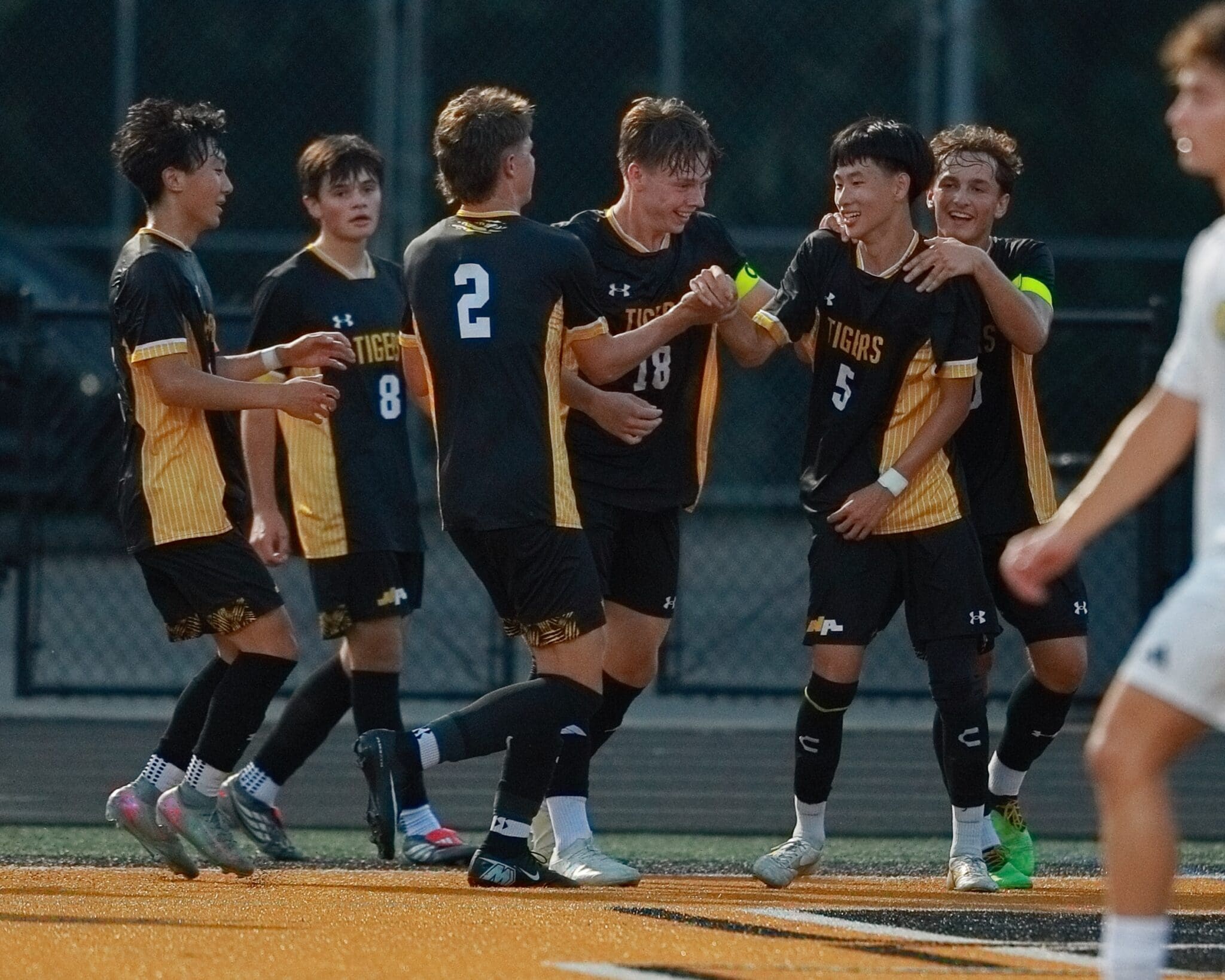 Cheering soccer players celebrate a goal during a match, showcasing team spirit and camaraderie on the field.