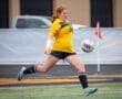Goalkeeper in action, wearing a yellow jersey, kicking a soccer ball on a field during a game.