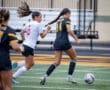 Two female soccer players compete for the ball on a vibrant field during an intense match.