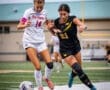 Two young female soccer players compete for the ball on a turf field, showcasing athleticism and teamwork in action.