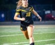 Soccer player in a black and yellow uniform, sprinting on a field during a night game.