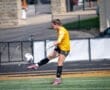 Goalkeeper in a yellow jersey kicking a soccer ball during a game on a sunny day, showcasing athleticism and precision.