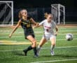 Two female soccer players compete for the ball on a well-lit field at night, showcasing athleticism and teamwork.