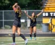 Two female soccer players celebrate on the field, showing excitement during a match with vibrant team uniforms.
