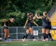 Soccer players celebrating a goal on the field, showcasing teamwork and athleticism during a sunny match.
