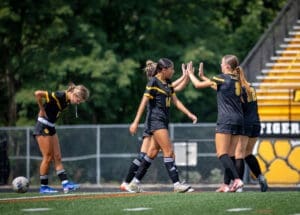 Soccer players celebrating a goal on the field, showcasing teamwork and athleticism during a sunny match.
