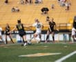 Two female soccer players compete for the ball on the field during a match, with spectators in the stands.