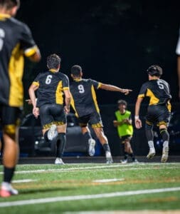 Soccer players celebrate a goal under stadium lights, showcasing teamwork and excitement on the field.