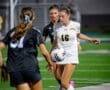 Two female soccer players compete for control of the ball during a night game on a well-lit field.