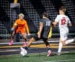 Soccer players compete on the field at night, with the goalkeeper ready to defend the goal. Action-packed match moment.
