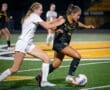 Two female soccer players compete for the ball under stadium lights during a night match on a turf field.
