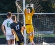 Goalkeeper leaps to save a high soccer ball during a match, with players in action around the goalpost.