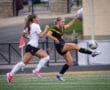 Two female soccer players compete for the ball on the field, showcasing athleticism and teamwork in action.
