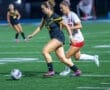 Two female soccer players compete for the ball on an illuminated field during a night game. Exciting athletic action captured.