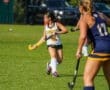 Field hockey players in action during a game on a sunny day, showcasing athleticism on the turf.