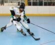 Two hockey players compete on a roller rink, one wearing a white jersey with Tigers while the other is in green.