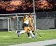 Two field hockey players compete for the ball during a match at sunset, showcasing athleticism and teamwork.