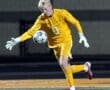 Goalkeeper in yellow kit catches soccer ball during night match on a field. Action shot showcasing athleticism and focus.