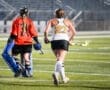 Field hockey players in action; one player with stick approaches, while the goalie prepares for a play.
