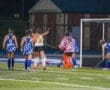 Field hockey players celebrate a goal under stadium lights, with a goalkeeper ready in vibrant gear.